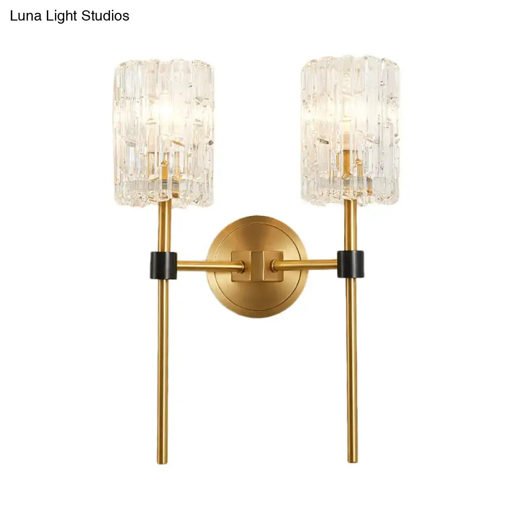 Brass Crystal Wall Sconce Slender Cylinder with twin glass shades and round backplate on Tampa Home & Garden Store