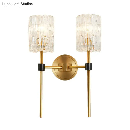 Brass Crystal Wall Sconce Slender Cylinder with twin glass shades and round backplate on Tampa Home & Garden Store