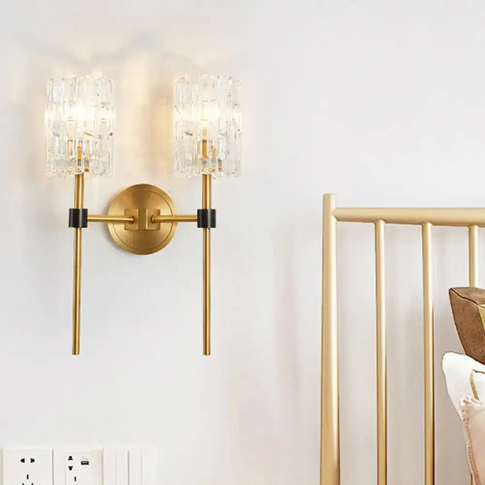 Brass crystal wall sconce Slender Cylinder with twin glass shades and gold finish on Tampa Home & Garden Store
