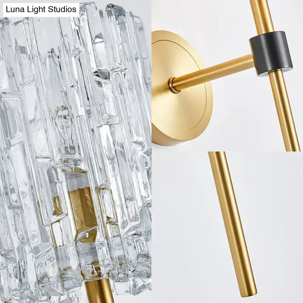 Brass crystal wall sconce slender cylinder with crystal block shade Decorbites on Tampa Home & Garden Store