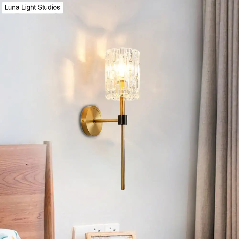 Brass Crystal Wall Sconce Slender Cylinder Decorbites, gold finish with crystal shade on Tampa Home & Garden Store