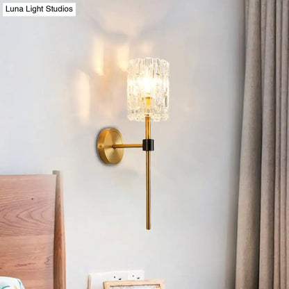 Brass Crystal Wall Sconce Slender Cylinder Decorbites, gold finish with crystal shade on Tampa Home & Garden Store