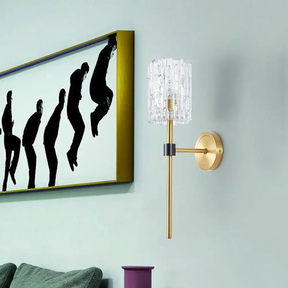Brass crystal wall sconce with slender cylindrical shade and crystal prisms Decorbites on Tampa Home & Garden Store
