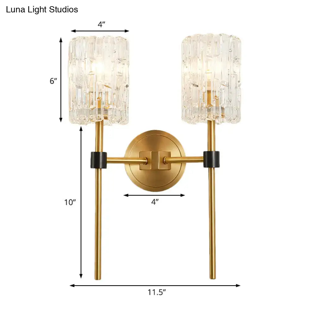 Brass crystal dual-light wall sconce with slender cylinder shades Decorbites on Tampa Home & Garden Store