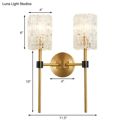 Brass crystal dual-light wall sconce with slender cylinder shades Decorbites on Tampa Home & Garden Store