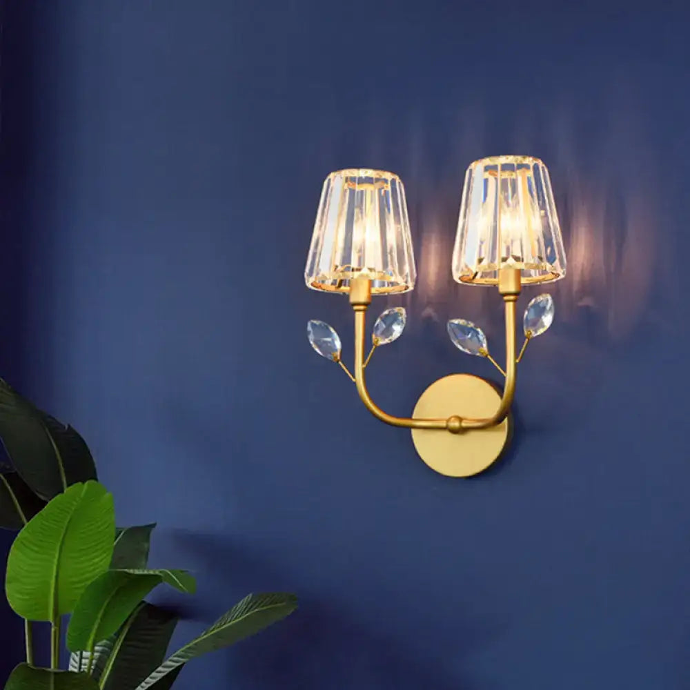 Brass crystal wall light with two lamps, gold finish, crystal leaf accents Decorbites on Tampa Home & Garden Store