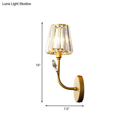 Brass crystal wall light sconce by Decorbites, curved arm with faceted crystal shade, wall mount on Tampa Home & Garden Store