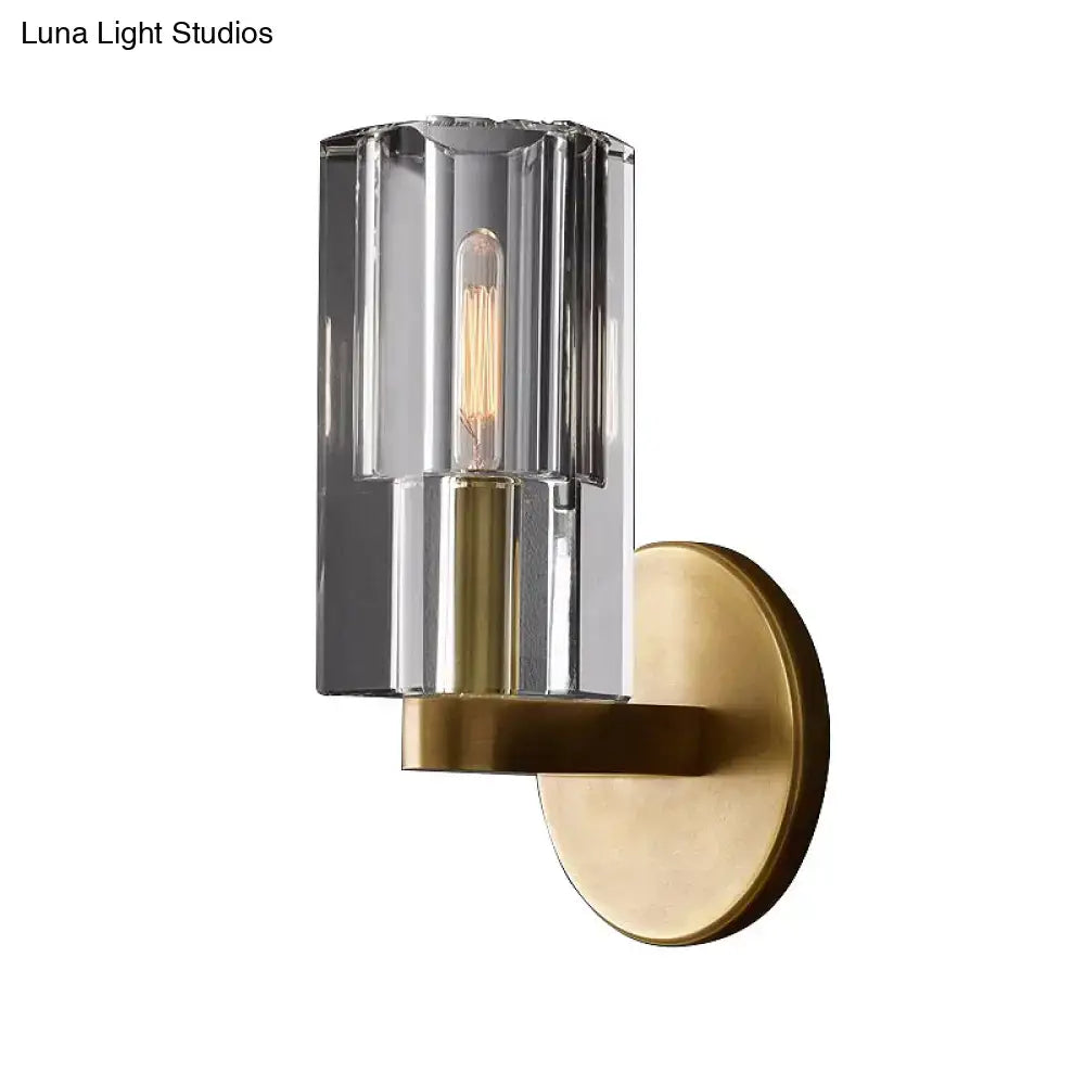Brass ribbed glass wall sconce by Decorbites with clear geometric shade and filament bulb on Tampa Home & Garden Store
