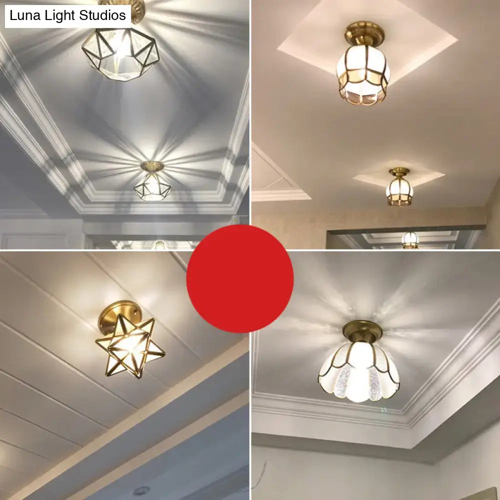 Brass Scalloped Flush Mount lights, Decorbites, four styles with brass frames and glass shades on Tampa Home & Garden Store