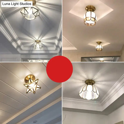 Brass Scalloped Flush Mount lights, Decorbites, four styles with brass frames and glass shades on Tampa Home & Garden Store