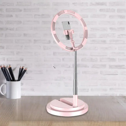 Black Metal USB LED Vanity Light pink ring with phone holder on adjustable chrome stand on Tampa Home & Garden Store