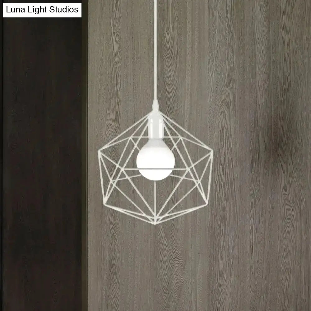 Geometric white metal pendant light by Decorbites with wireframe cage and exposed bulb on Tampa Home & Garden Store