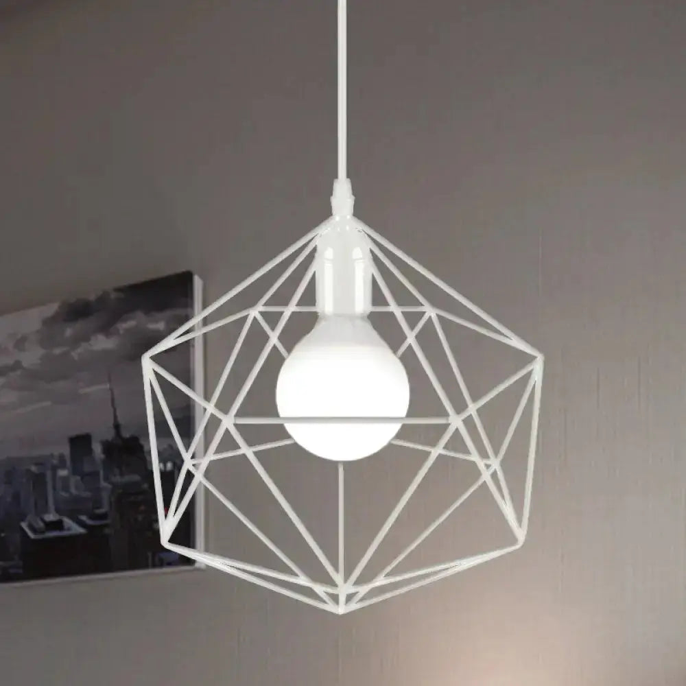 Minimalist geometric metal pendant light by Decorbites, white wireframe cube with globe bulb on Tampa Home & Garden Store