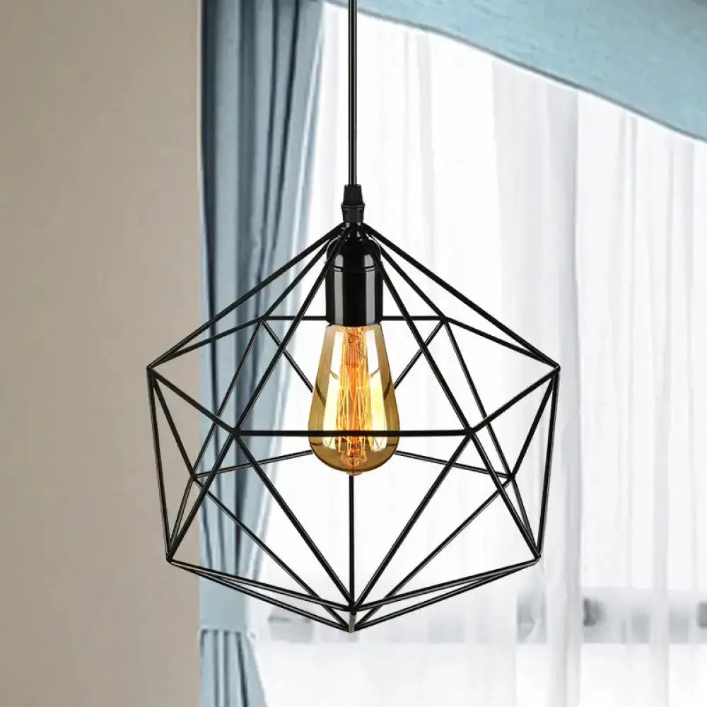 Minimalist geometric pendant light, black metal wireframe with warm Edison bulb on Tampa Home & Garden Store