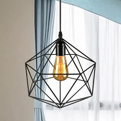 Minimalist geometric pendant light, black metal wireframe with warm Edison bulb on Tampa Home & Garden Store