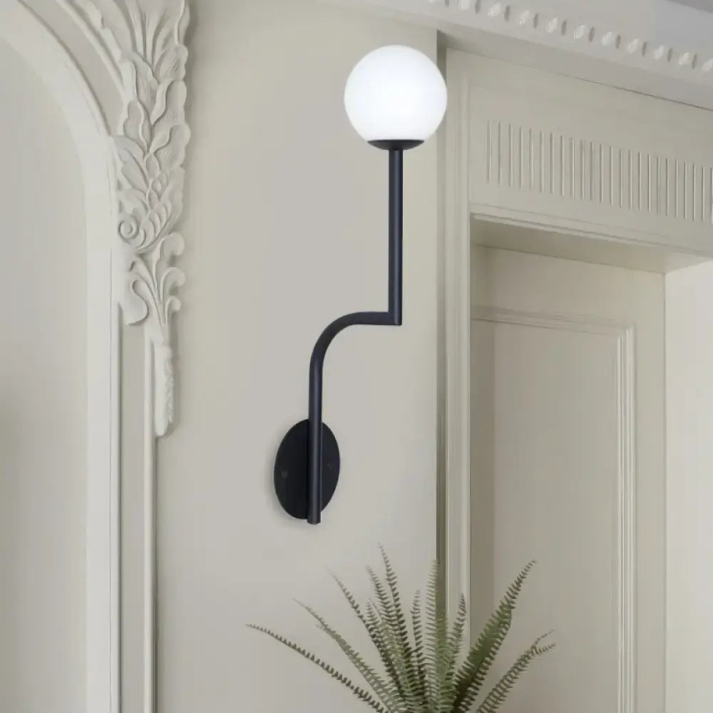 Opal Glass Curved Sconce, black metal arm with white glass globe, wall mount by Decorbites on Tampa Home & Garden Store