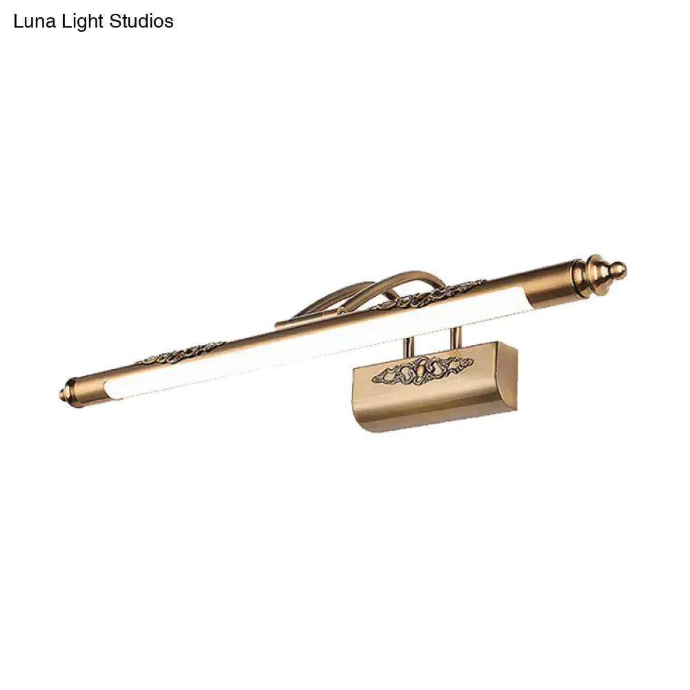 Brass wide LED vanity light fixture by Decorbites with frosted bar and ornate mount on Tampa Home & Garden Store