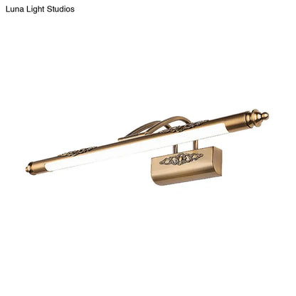 Brass wide LED vanity light fixture by Decorbites with frosted bar and ornate mount on Tampa Home & Garden Store