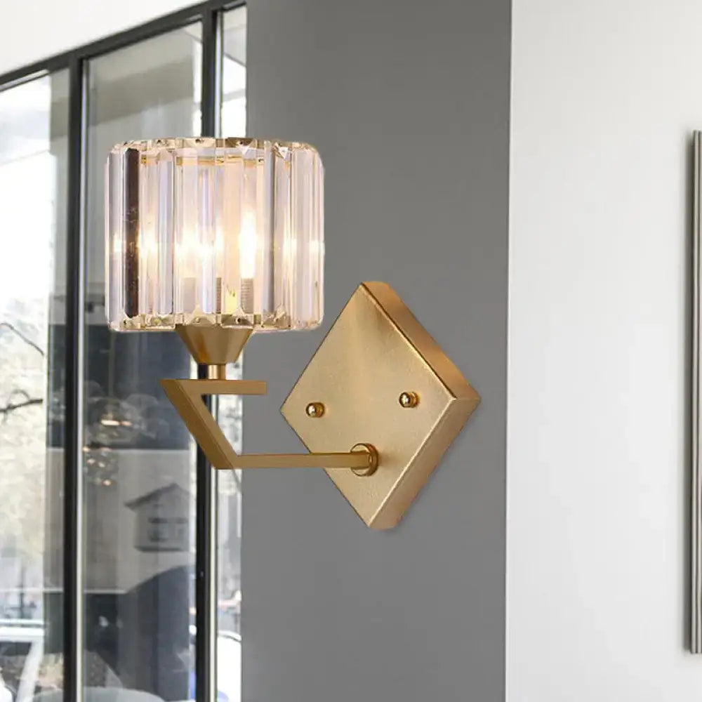 Gold crystal block cylindrical sconce with clear faceted shade by Decorbites on Tampa Home & Garden Store