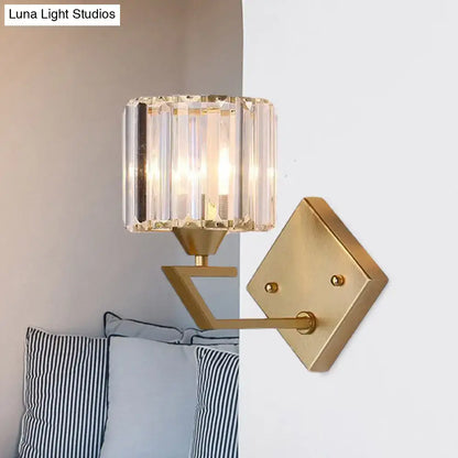 Gold crystal block cylindrical sconce by Decorbites; glass shade with diamond backplate on Tampa Home & Garden Store