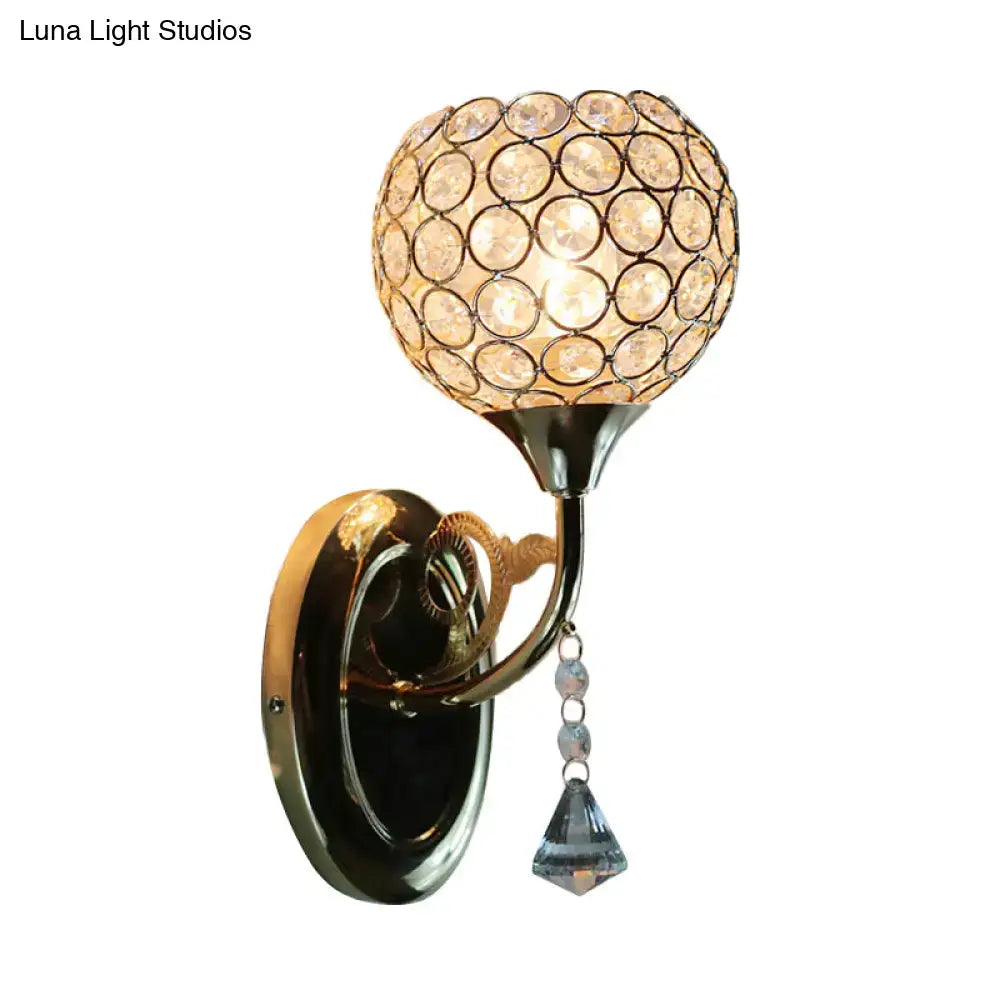 Gold crystal globe wall sconce with circular crystal mosaic shade and hanging pendant on Tampa Home & Garden Store
