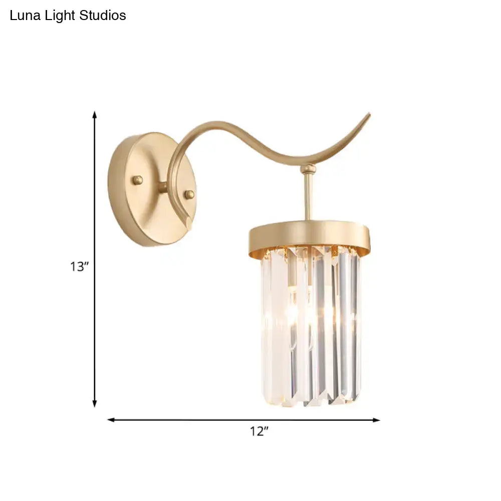 Gold crystal tube wall mount sconce by Decorbites with curved arm and faceted prisms on Tampa Home & Garden Store