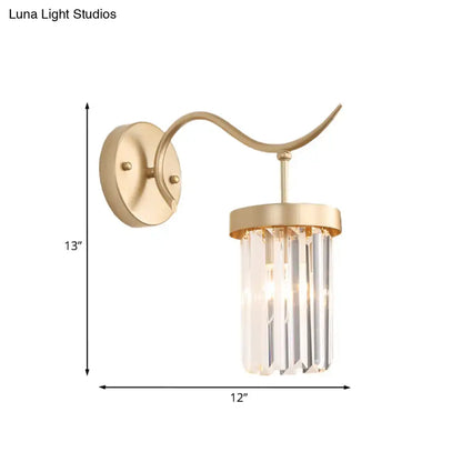 Gold crystal tube wall mount sconce by Decorbites with curved arm and faceted prisms on Tampa Home & Garden Store