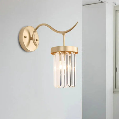 Gold Crystal Tube Wall Mount Sconce with curved arm and crystal prisms by Decorbites on Tampa Home & Garden Store