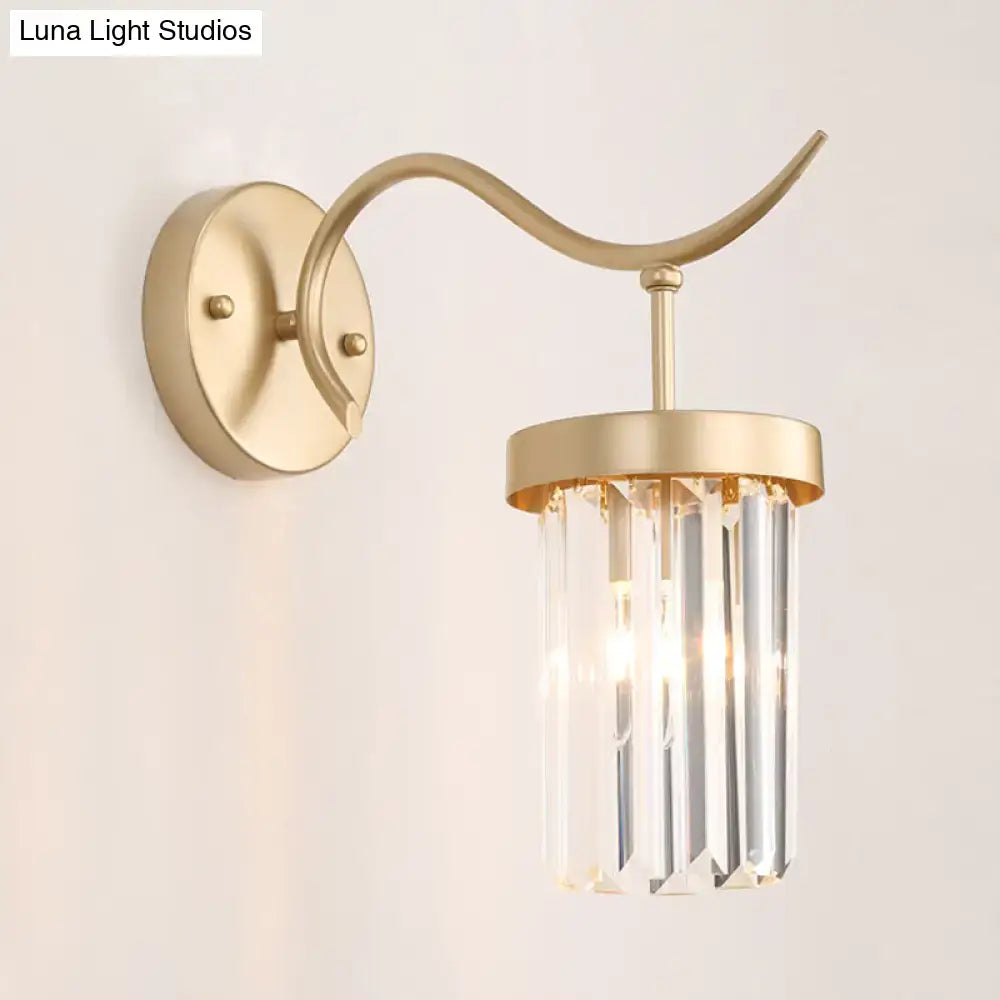 Gold crystal tube wall mount sconce by Decorbites; curved arm, crystal prisms on Tampa Home & Garden Store