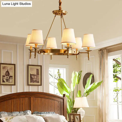 Gold Fabric Ceiling Chandelier with six warm fabric shades in brass finish on Tampa Home & Garden Store