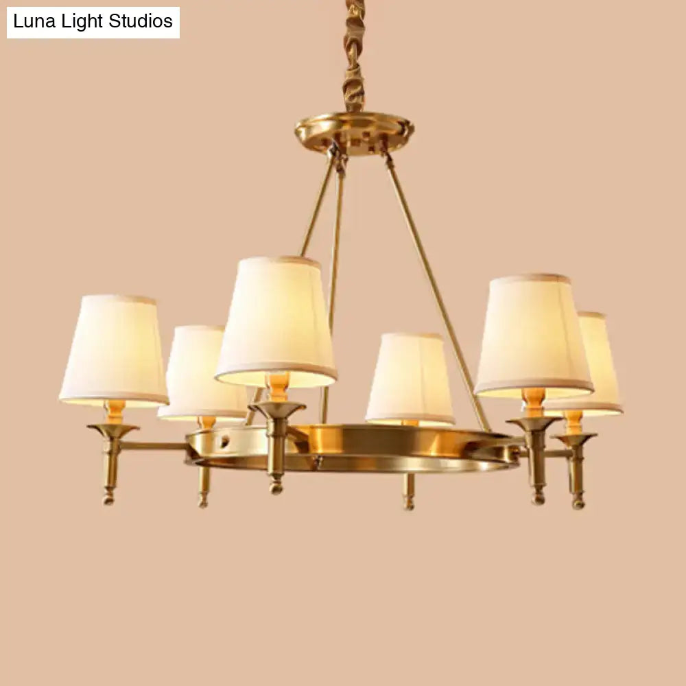 Gold Fabric Ceiling Chandelier by Decorbites, brass finish with six cream fabric shades on Tampa Home & Garden Store