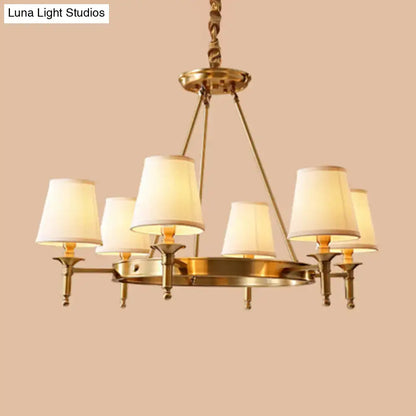 Gold Fabric Ceiling Chandelier by Decorbites, brass finish with six cream fabric shades on Tampa Home & Garden Store