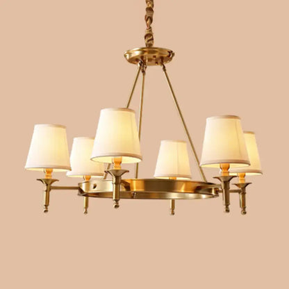 Gold Fabric Ceiling Chandelier with brass finish, cream fabric shades, Decorbites, 6-light on Tampa Home & Garden Store