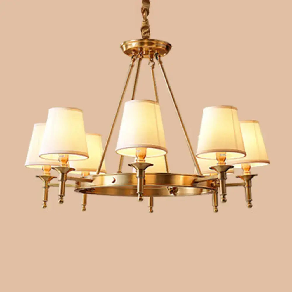 Gold Fabric Ceiling Chandelier by Decorbites, brass frame with six cream fabric shades on Tampa Home & Garden Store