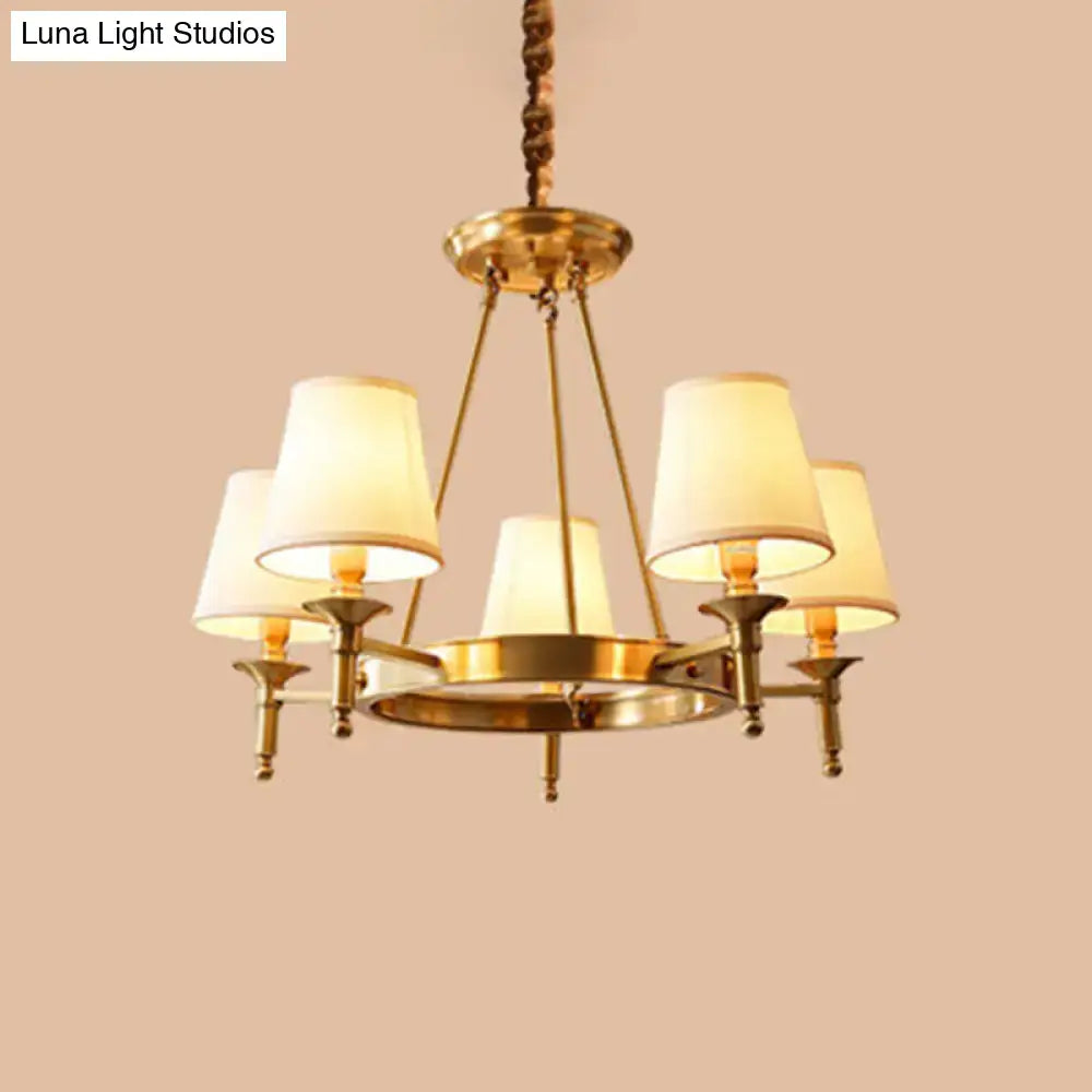 Gold Fabric Ceiling Chandelier with cream fabric lampshades and brass finish by Decorbites on Tampa Home & Garden Store
