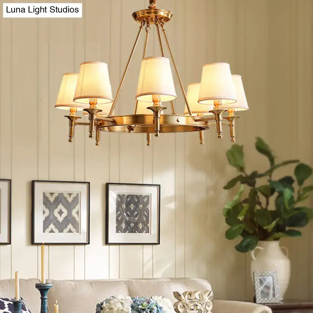 Gold Fabric Ceiling Chandelier with brass finish and fabric shades by Decorbites on Tampa Home & Garden Store