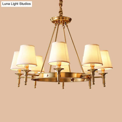 Gold Fabric Ceiling Chandelier by Decorbites, six-light brass finish with cream fabric shades on Tampa Home & Garden Store