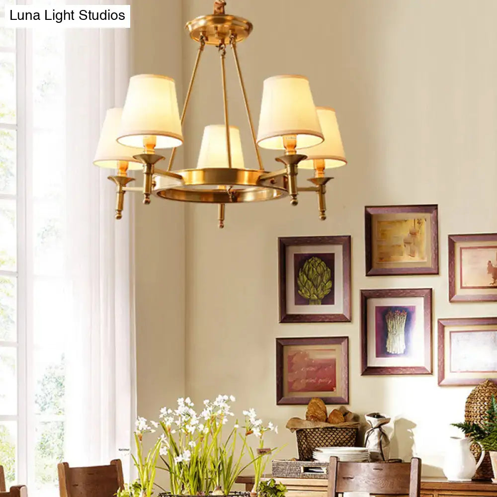 Gold Fabric Ceiling Chandelier with six cream fabric shades, brass finish, Decorbites on Tampa Home & Garden Store