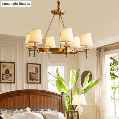 Gold Fabric Ceiling Chandelier brass six-light fixture with cream fabric shades by Decorbites on Tampa Home & Garden Store