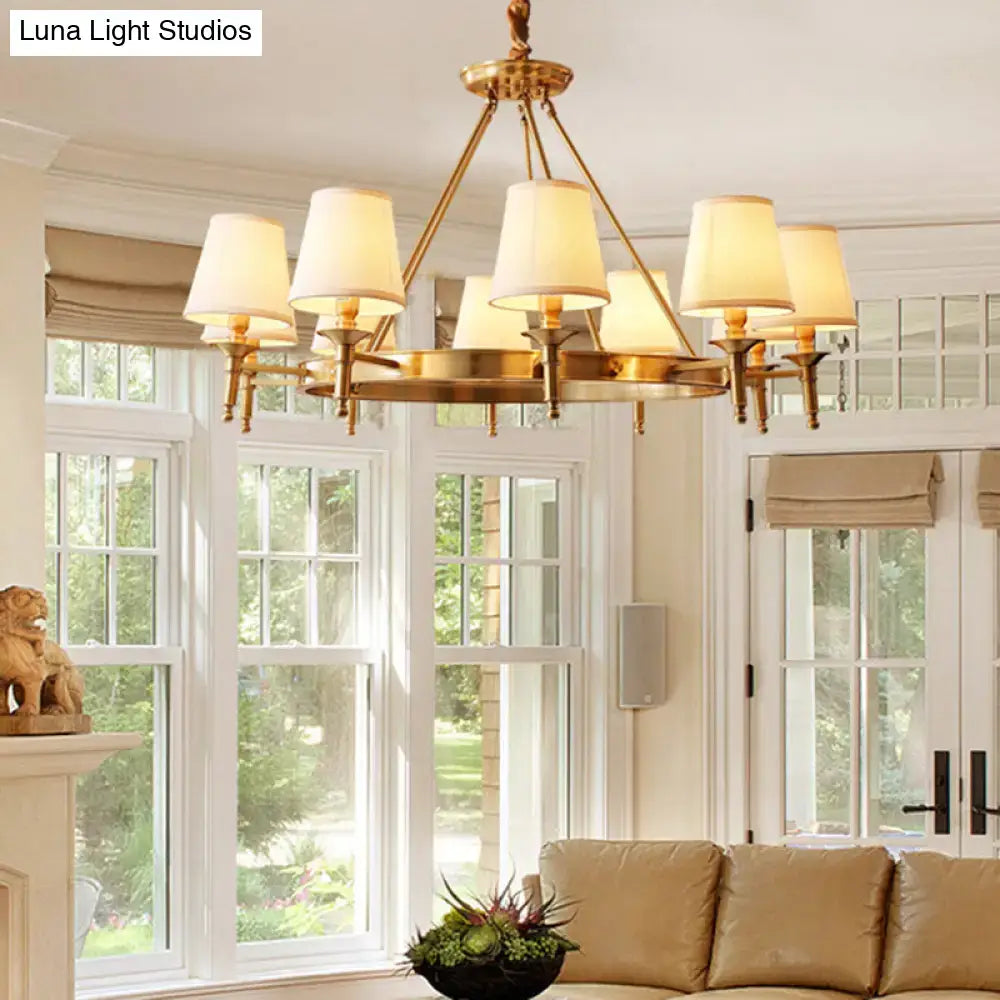 Gold Fabric Ceiling Chandelier, brass finish, cream fabric shades, Decorbites on Tampa Home & Garden Store
