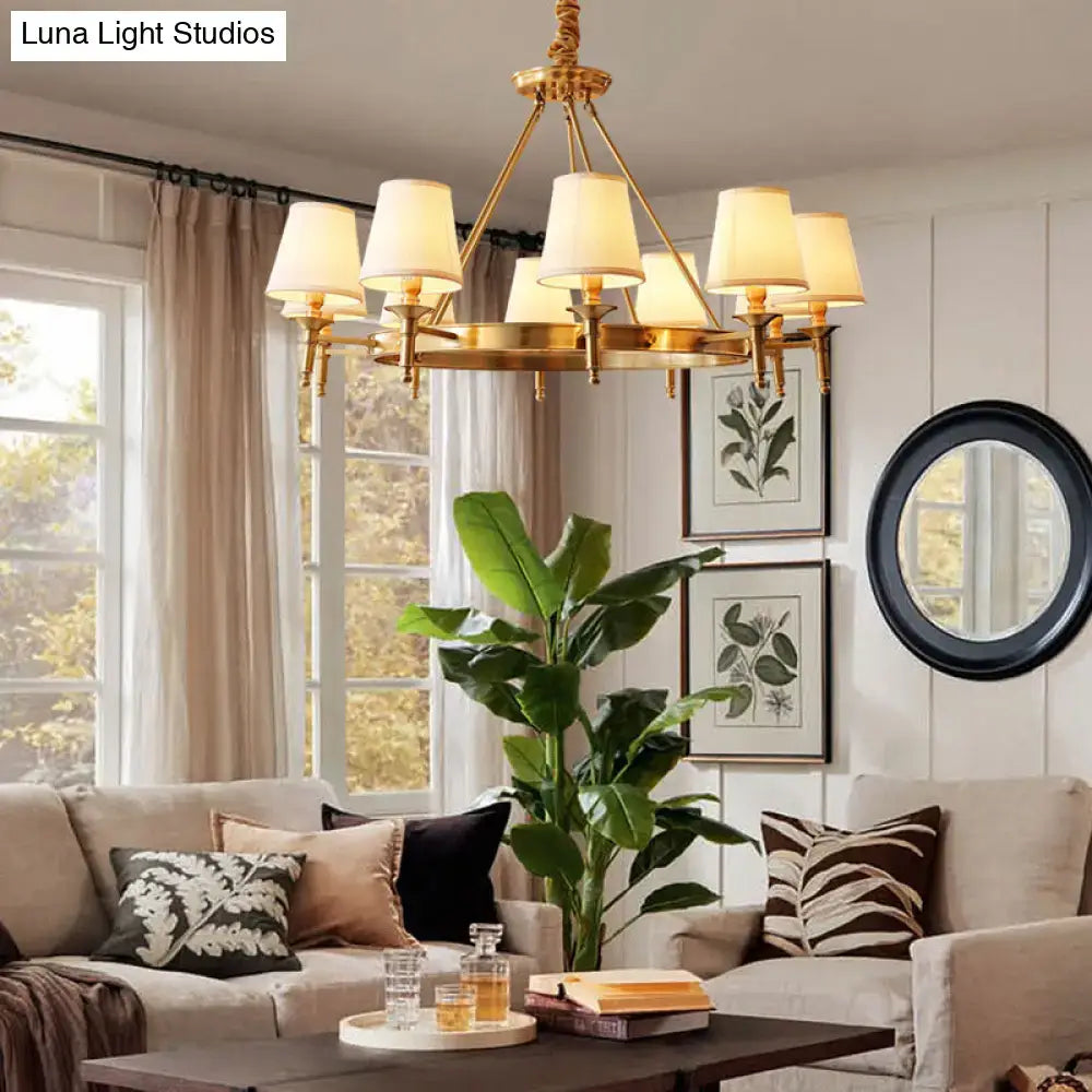 Gold fabric shade ceiling chandelier with brass frame for living room decor on Tampa Home & Garden Store