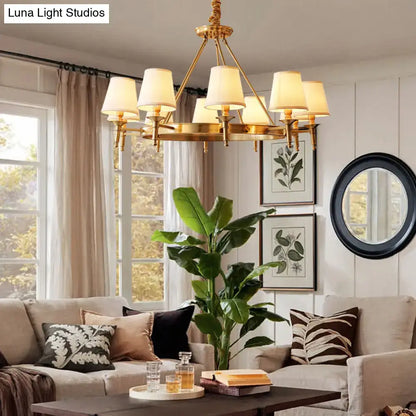 Gold fabric shade ceiling chandelier with brass frame for living room decor on Tampa Home & Garden Store