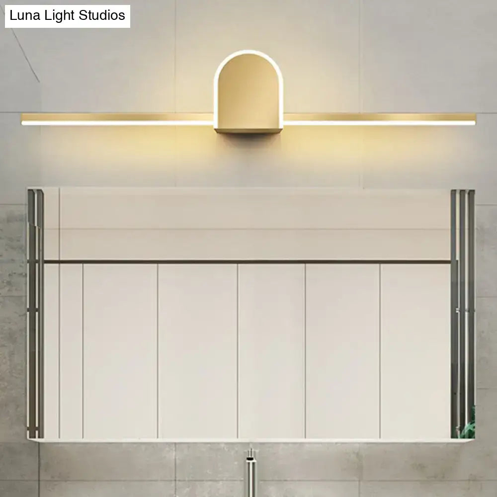 Gold LED Linear Semicircle Vanity Light by Decorbites, above white bathroom cabinet on Tampa Home & Garden Store