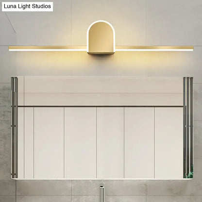 Gold LED Linear Semicircle Vanity Light by Decorbites, above white bathroom cabinet on Tampa Home & Garden Store