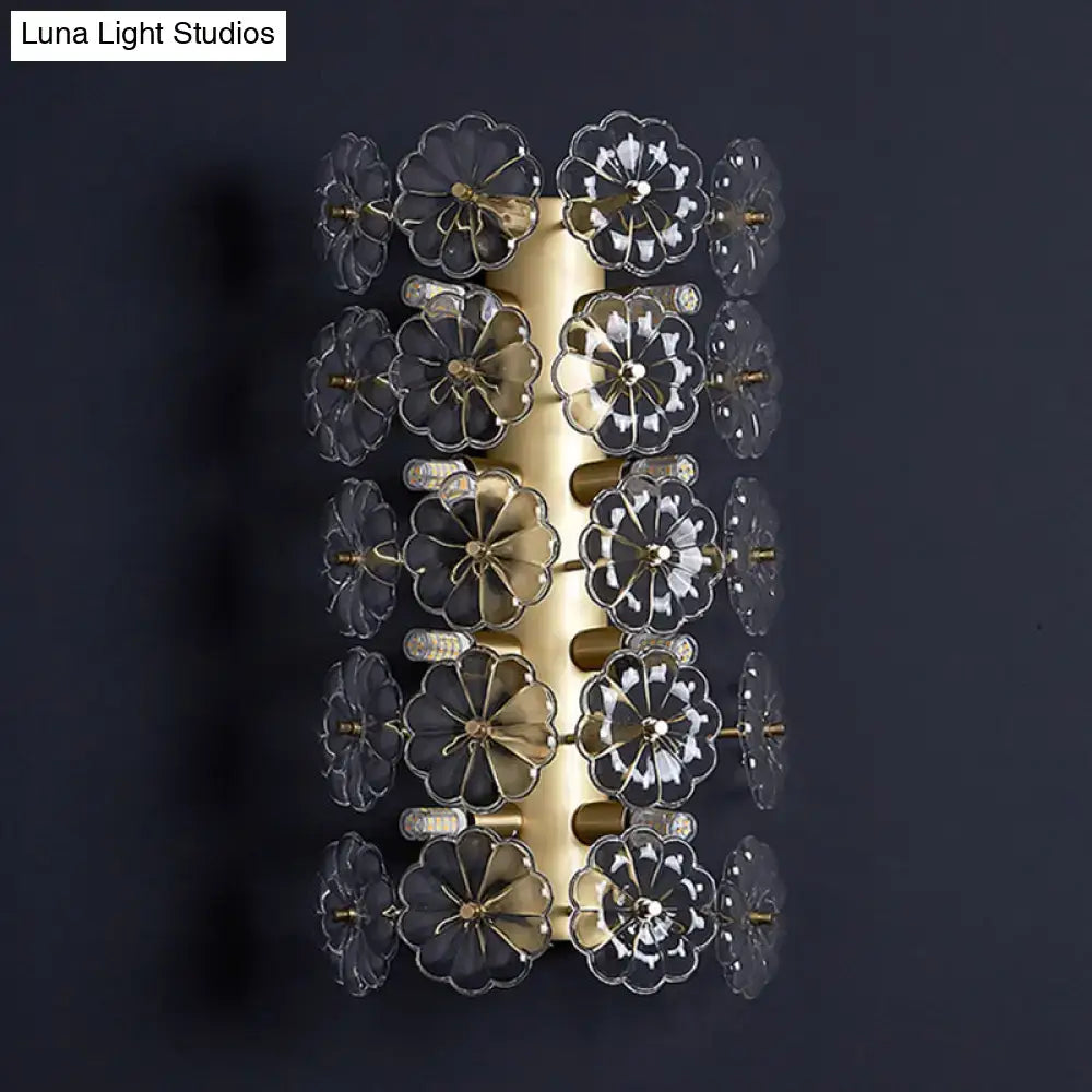 Decorbites Gold Floral Crystal Sconce, cylindrical wall fixture with crystal flower petals on Tampa Home & Garden Store