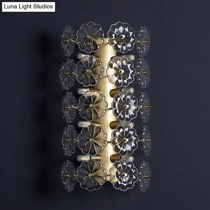 Decorbites Gold Floral Crystal Sconce, cylindrical wall fixture with crystal flower petals on Tampa Home & Garden Store