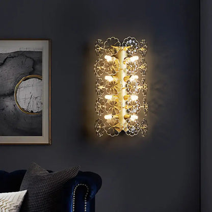 Gold Floral Crystal Sconce wall light by Decorbites, gold floral petals and warm glow on Tampa Home & Garden Store