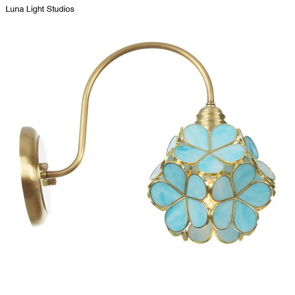 Gold Floral Glass Sconce with rotating shade, brass arc and turquoise petal glass by Decorbites on Tampa Home & Garden Store