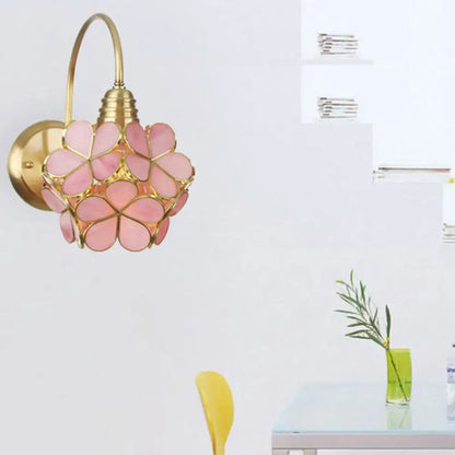 Gold floral glass sconce with rotating pink petal shade wall lamp by Decorbites on Tampa Home & Garden Store
