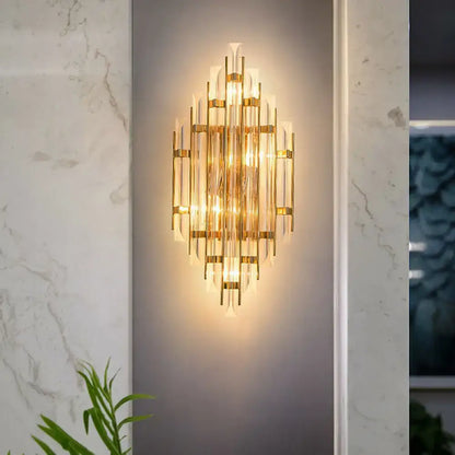 Gold Crystal Rhombus Living Room Wall Sconce by Decorbites with warm golden glass prisms on Tampa Home & Garden Store